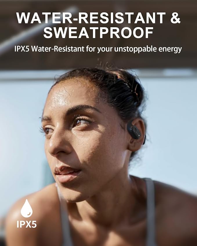 Open Ear Earbuds with 4-Mic, IPX5 Sweat Resistant Open Ear Earbuds Wireless Bluetooth 5.3, 30H Playtime Wireless Headphones with Earhooks, Lightweight for Running, Black