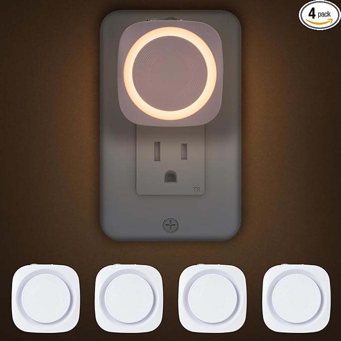 Warm Night Lights Plug into Wall, 4 Packs Dimmable Night Light with Dust to Dawn Sensor, Automatically Turn on and Off, Gentle Glow Nightlight for Bathroom,Bedroom,Stairs,Kitchen,Hallway,Warm White