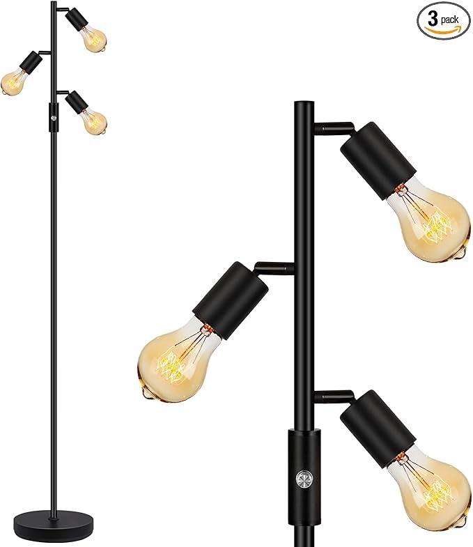 BoostArea Tree Floor Lamp, Industrial Floor Lamp, Modern Standing Lamp with Adjustable 3 Light, E26 Socket, Foot Switch, Minimalist Metal Stand Up Lamp Pole Lamps for Living Room, Bedroom(No Bulbs)