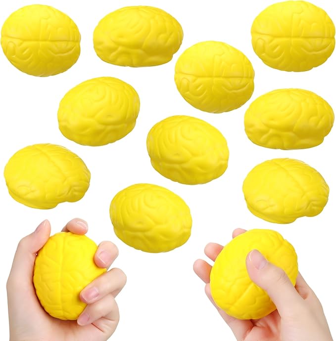 Leitee 12 Pcs Brain Stress Balls Bulk Large Halloween Brain Toys PU Hand Muscle Exercise Pressure Ball Funny Stress Relief Toy for Teens Adult Improving Grip Strength Prop(Yellow)