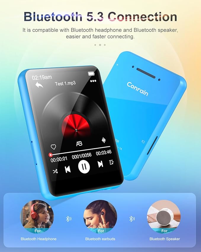 64GB 2.4" Full Touch Screen MP3 Player with Bluetooth 5.3, Portable HiFi Sound Quality Music Player with Speaker, FM Radio, Line-in Voice Recorder, E-Book, Headphones Included, Max 128GB Expandable