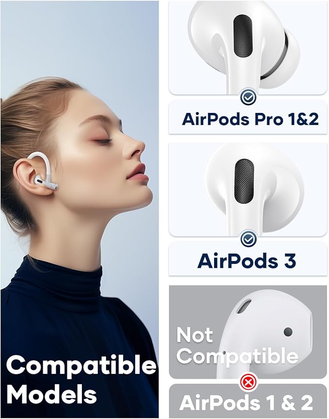 Gcioii Memory Titanium Alloy Ear Hooks for AirPods Pro 3, AirPods Pro 2, AirPods Pro & AirPods 3, Anti-Slip Sport Accessories [Added Anti-Lost Lanyard] Comfortable Secure Fit, White