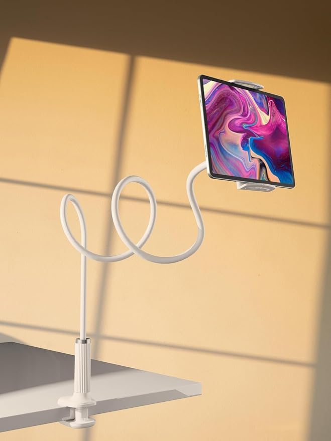 Gooseneck Tablet Holder, Tablet Stand : Flexible Arm Clip Mount Compatible with iPad mini Pro Air, Kindle, Switch, Galaxy Tabs, More 4.7-11" Devices- (White)