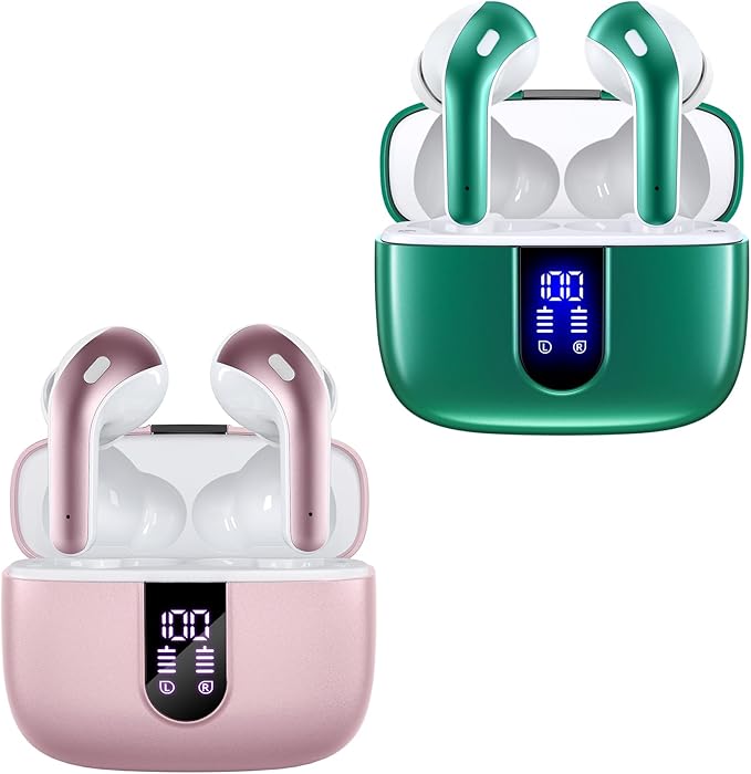 TAGRY 2 Sets X08 Pink and Forest Green Bluetooth Headphones True Wireless Earbuds 60H Playback Ear Buds with Wireless Charging Case in-Ear Earbuds with Mic