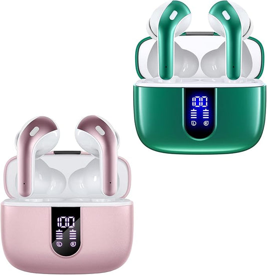 TAGRY 2 Sets X08 Pink and Forest Green Bluetooth Headphones True Wireless Earbuds 60H Playback Ear Buds with Wireless Charging Case in-Ear Earbuds with Mic
