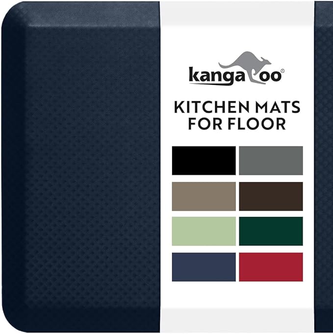 KANGAROO Thick Ergonomic Anti Fatigue Mats for Kitchen Floor, 58x20, Cushioned Standing Office Desk Mat, Waterproof Scratch Resistant Topside, Supportive All Day Comfort Padded Foam Rugs, Navy