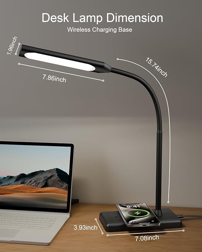 Adjustable LED Desk Lamp with Wireless Charging & Touch Control | 5 Colors & 6 Brightness Levels Eye-Caring Office Light with Memory & Timer