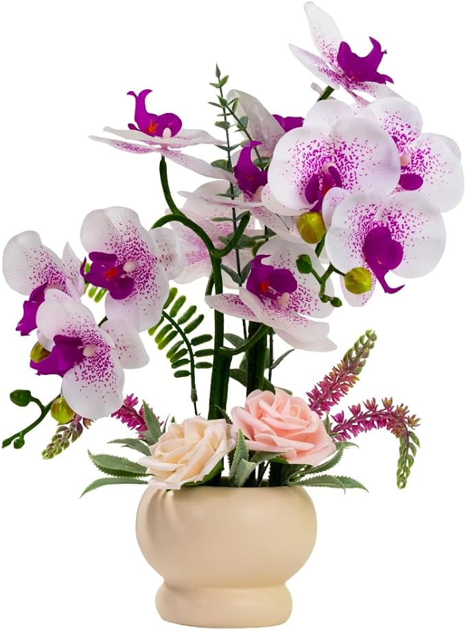 LESING Artificial Orchid Flower with Vase, White Orchid Bonsai Faux Orchid Phalaenopsis Plant Pot Arrangements for Home Decoration (White Purple,Beige Vase)
