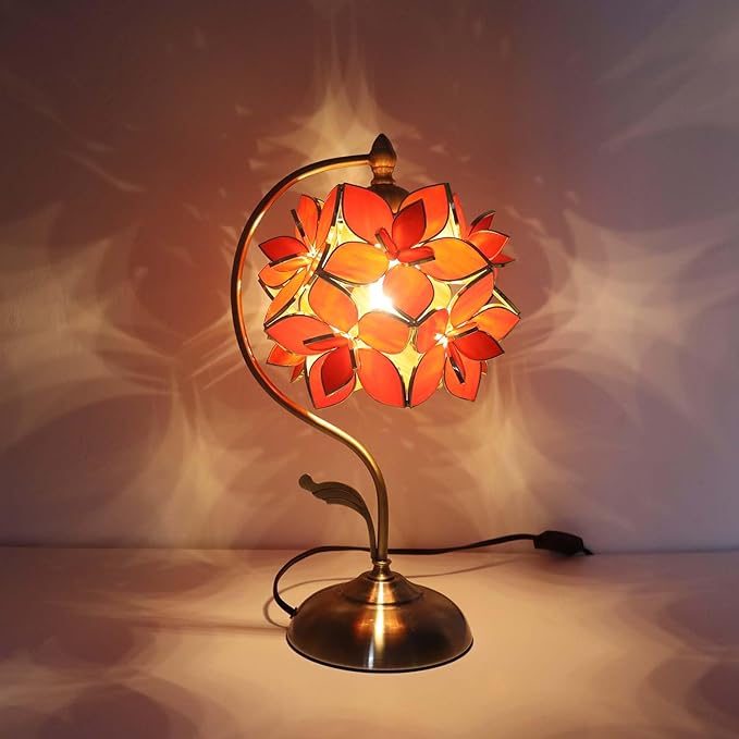 Bieye L10922 Tiffany Style Stained Glass Flower Petal Table Lamp with Brass Base for Home Décor (Orange, 8" Rose Lily)