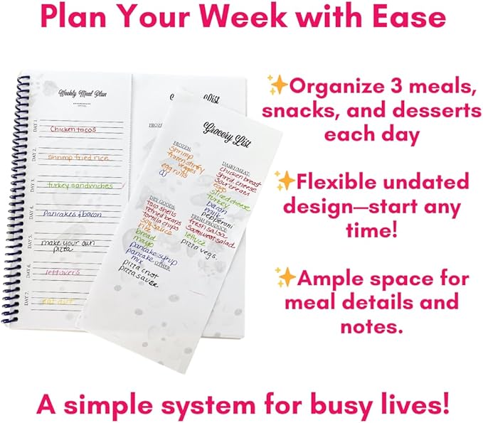 Large Spiral-Bound Weekly Meal Prep Planner Notebook – Full-Year Organizer with Laminated Covers, Tear-Off Grocery List Notepad, Undated Weekly Planner & Food Journal - Menu Calendar, & Budget Tool