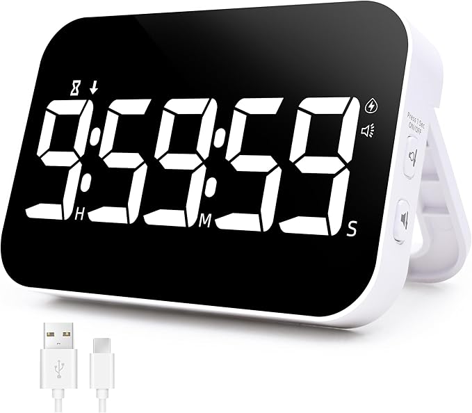 Kitchen Digital Timer, Rechargeable Magnetic Timers with Countdown/up, Kids Timer with 5”LED Display 3 Brightness 4 Volume Adjustable for Classroom/Office/Home/Work/Study/Fitness/Game-White