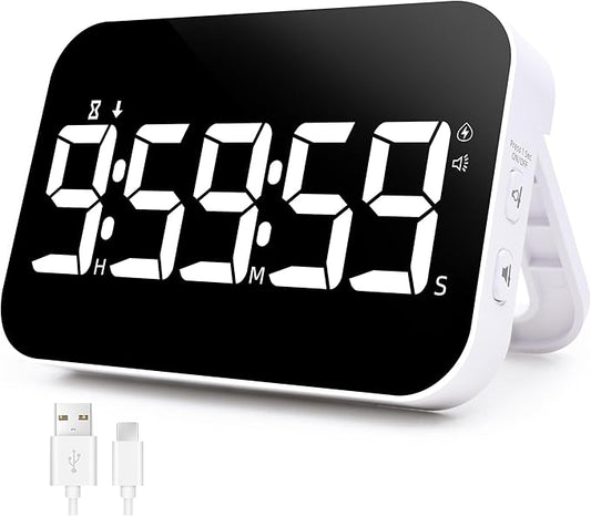 Kitchen Digital Timer, Rechargeable Magnetic Timers with Countdown/up, Kids Timer with 5”LED Display 3 Brightness 4 Volume Adjustable for Classroom/Office/Home/Work/Study/Fitness/Game-White