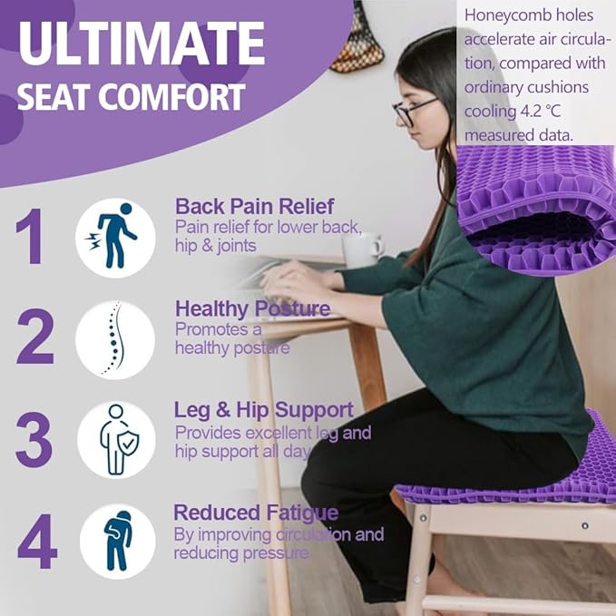 Purple Gel Seat Cushion, 19.7" Extra Large Double Thick Chair Cushions for Office Chair, Wheelchair, Car Seat, Couch, Stadium Seat Cushion for Tailbone Pain Relief, Cooling & Breathable Seat Cushions