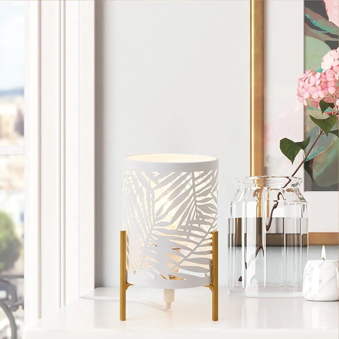 OuXean Decorative Table Lamp, Golden Tripod Stand with White Metal Hollowed Lampshade, Night Light for Bedside, E12 40W, No Bulb