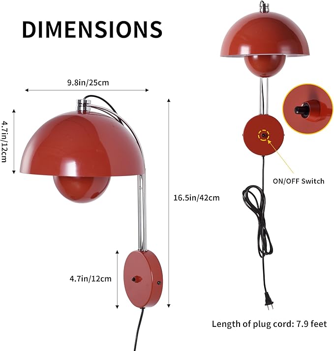 COSYLUX Modern Sleek Plug in Wall Sconce, Hardwired & Corded 2in1 Design Metal Wall Light Fixtures for Bedroom Bedside Reading, Mid-Century Flower Bud Wall Sconces with Switch, Red