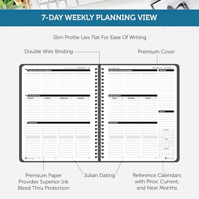 Planner Pad Spiral Bound 3-Tier Funnel Down 12 Month Organizer, October 2025 – September 2026, Black Cover/Black Ink, 6 3/4" x 8 1/2"