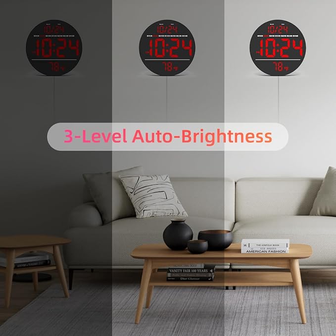 Digital Wall Clock with Large LED Display, Date, Temperature, Auto-Brightness | Small [PLUG-IN] Clock | Modern Electric Wall Clock for Bedroom, Classroom, Living Room, Home, Office, Farmhouse – Red