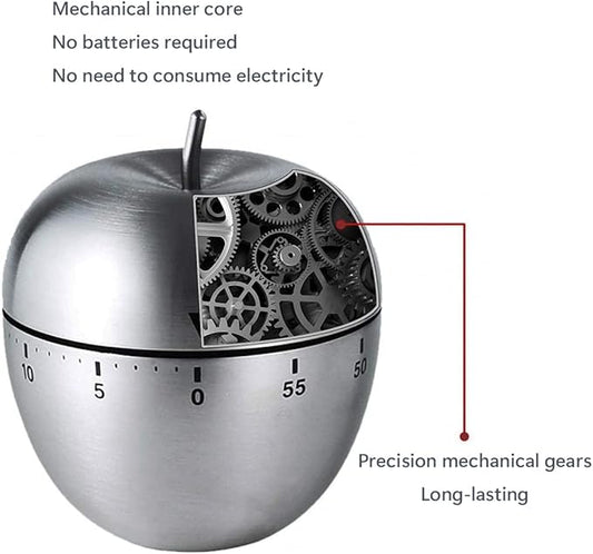 Apple Kitchen Timer Manual, Stainless Steel Mechanical Rotating Alarm 60 Minutes Count Down Cute Apple-Shaped Timer for Kitchen Cooking Learning Kids Sports