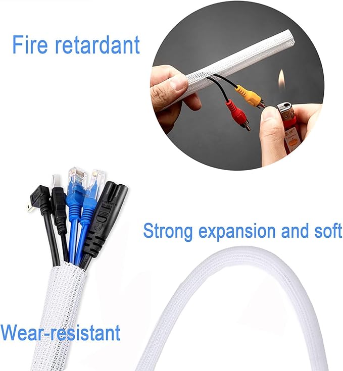 25ft 1 Inch White Cable Sleeve – Split Wire Loom Tubing Cord Protector – Flame Retardant Polyester Cable Cover for Desk, TV, PC Setup – Protects Cords from Pets & Organizes Wires