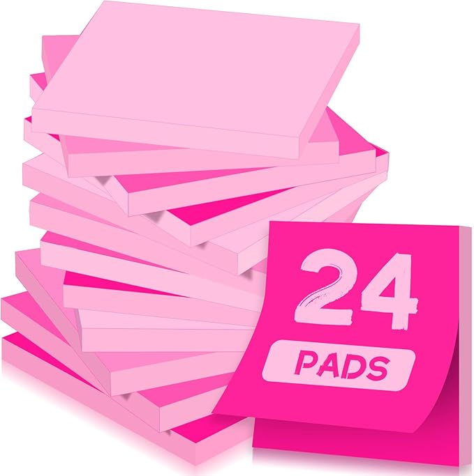 24 Pads Sticky Notes 3x3 Inch Self Stick Bright Color Sticky Note Sticking Posted Notes for School Office Classroom Meeting Home Teacher Supplies, 50 Sheets/pad(Gradient Pink)