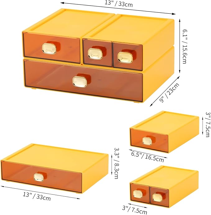 Spacious Desktop Storage Box, 1 Large 1 Middle & 2 Small Storage Drawers, Stackable Office Desk Drawer Organizer and Accessories, Printer Paper Organizer, Yellow Plastic Drawers for Workspace