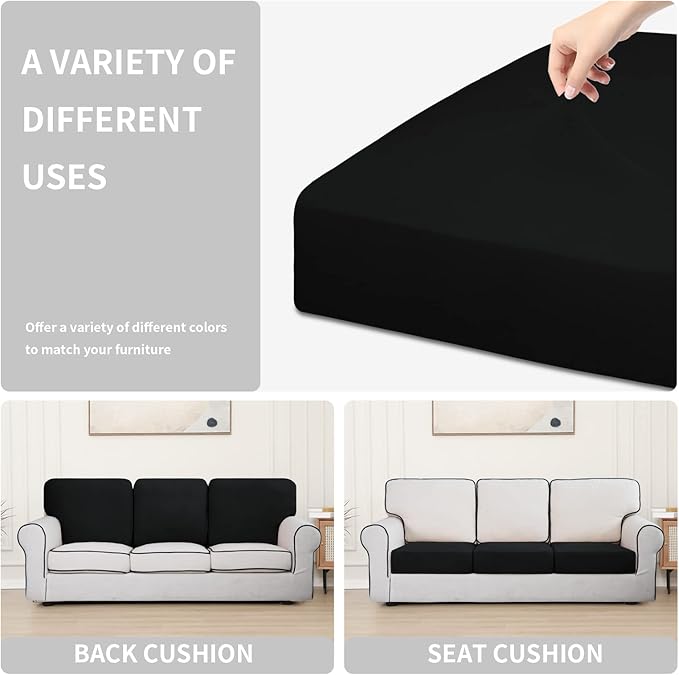 Easy-Going 100% Waterproof Chair Oversized Sofa Seat Cushion Slipcovers Couch Cushion Cover Stretch Furniture Protector for Kids, Pets (3-Piece Oversized Sofa Cushion, Black)