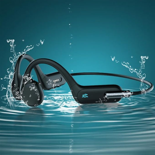 IHAO Swimming Headphones True Bone Conduction Open Ear Headset MP3 Player Built-in 32G Memory IP68 Underwater Waterproof Stereo Bluetooth Earphone for Driving Bicycling Running Skiing-X6 Black