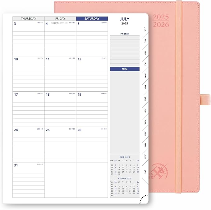 POPRUN Monthly Planner 2025-2026, Large-8.5'' x 11.25'', 13-Monthly Calendar Book (July 2025-July 2026) Academic Calendar Planner with Stair Tabs, PU Leather Soft Cover, 100GSM - Soft Pink