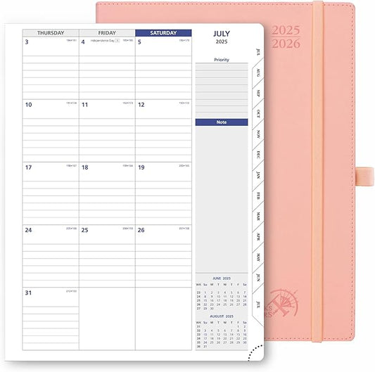 POPRUN Monthly Planner 2025-2026, Large-8.5'' x 11.25'', 13-Monthly Calendar Book (July 2025-July 2026) Academic Calendar Planner with Stair Tabs, PU Leather Soft Cover, 100GSM - Soft Pink