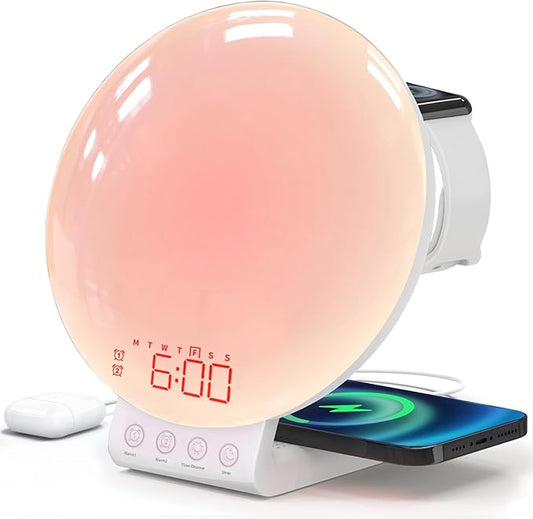 Dekala Sunrise Alarm Clock with 3-in 1 Wireless Charger Clocks, White Noise Sound Machine, Night Lamp with 11 Light, Alarm Clock for Heavy Sleepers Adults, Compatible with iPhone/Apple Watch/Airpods
