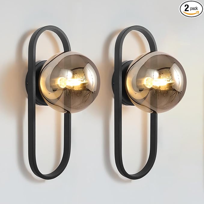 Wall Sconces Set of Two,Matte Black Wall Light Sconces with Grey Globe Glass Shade for Living Room and Bedrooms