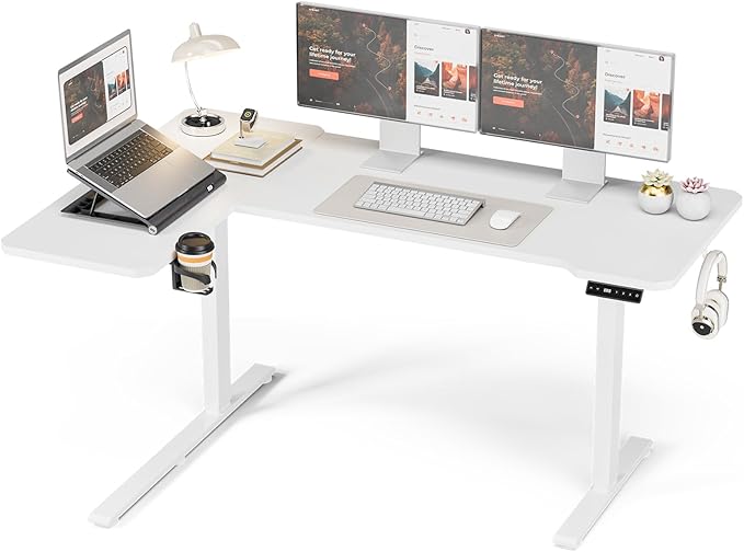 59 Inch L Shaped Standing Desk Adjustable Height, Electric Corner Standing Desk, Sit Stand Computer Table with Reversiable Splice Board,White
