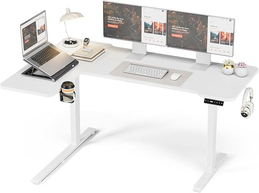 59 Inch L Shaped Standing Desk Adjustable Height, Electric Corner Standing Desk, Sit Stand Computer Table with Reversiable Splice Board,White