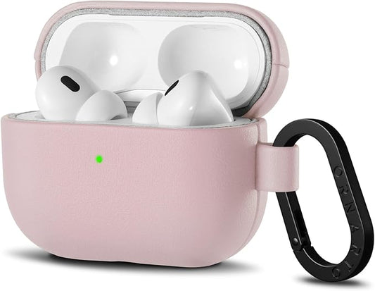 ORNARTO Compatible with AirPods Pro 2 Case, Full Protective Leather Cover with Carabiner, for Airpods Pro Case 2nd / 1st Generation (2022/2019), Front LED Visible,Wisp Pink
