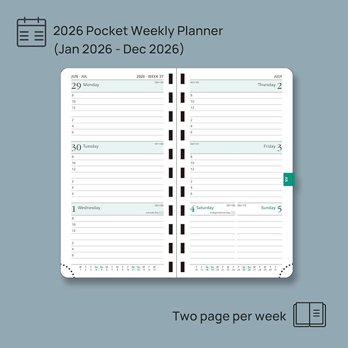 POPRUN 2026 Pocket Planner (Slim Size 3.5" x 6.5") Weekly and Monthly Calendar for Purse, with Hourly Time Slots, 100GSM Thick Paper, Spiral Soft Cover, Pen Holder - Brown