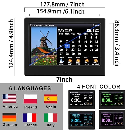 2025 New Digital Clock with Temperature/Humidity & Weather Forecast, Auto Time Sync Large Display, Custom Alarms & Medication Reminders, Ideal for Elderly(Black, 7-Inch)