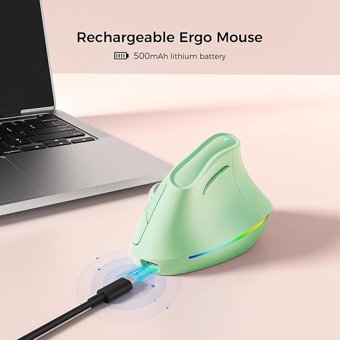 57° Wireless Ergonomic Mouse, Vertical Mouse, Carpal Tunnel Mouse, RGB Light, Rechargeable, Bluetooth & 2.4G, 5-level DPI Adjustment, Quiet Click Ergo Mice Compatible with PC, Laptop, Mac, Green