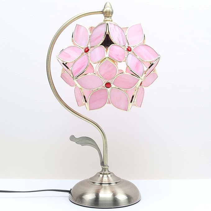 Bieye L10832 Tiffany Style Stained Glass Flower Petal Table Lamp with Brass Base for Home Décor (Pink, 8" Apple Blossom)