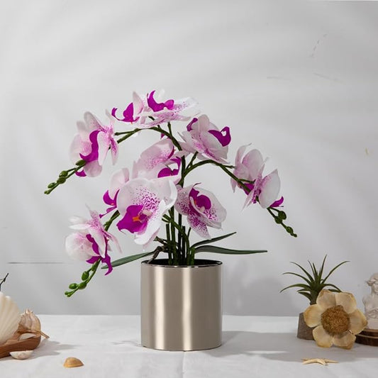 LESING Artificial Orchid Flower with Vase Realistic Orchids Faux Flower Fake Orchid Bonsai Plants in Pot Arrangement for Home Wedding Party Dining Table Centerpiece Decor (White Purple,Silver Vase)