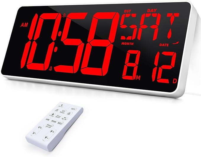TXL 13.7 Inch Large Digital Wall Clock with Remote Control,LED Desk Clock Digital with DST/Calendar/Temperature/Timer Function, Auto Dimmer, Large Display for Classroom/Office (Red)
