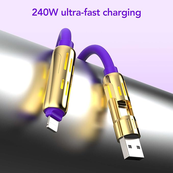 MFish 4-in-1 Universal USB Charging Cable with Carrying Case – 240W Max Fast Charger Cord, USB-A, Dual USB-C & Lighting, for iPhone 14/15/16/17 Series, iPad & MacBook and More (Purple Color, 6.6Ft)