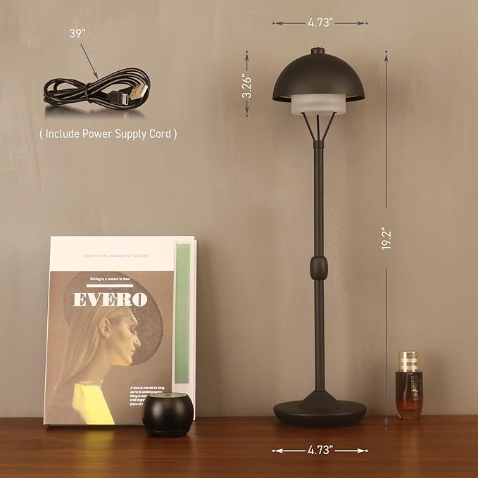Modern Table Lamp Cordless Portable Desk Lamp, 2700K Stepless Dimming Rechargeable Battery Operated LED Lights for Bedroom, USB-C Charging, Restaurant/Bar/Night Light/Gifts (Sand Black)
