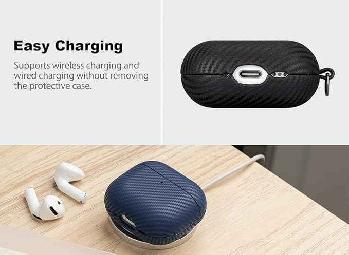 Leather Case for AirPods 4 / AirPods 4 with Active Noise Cancellation Case Cover with Keychain - Selected Skin-Friendly Leather, Carbon Fibre Texture, Handmade Shockproof Hard Cover - Black