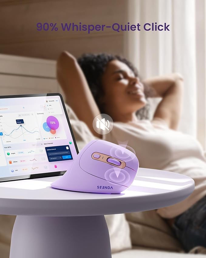 seenda Ergonomic Mouse with Jiggler - Wireless Vertical Mouse with Multi Device Connection (Bluetooth or USB), Reduces Wrist Strain, Quiet Click, Compatible with PC, Laptop, Mac, Windows (Purple)
