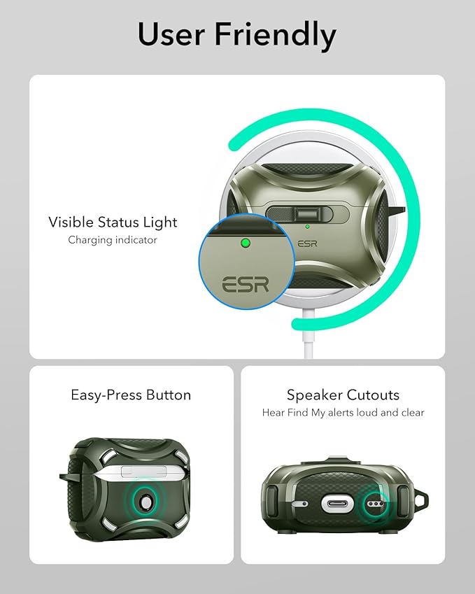 ESR for AirPods Pro 2 Case (2023/2022/2019, 2nd/1st Gen), Compatible with AirPods Pro 2nd Generation (USB-C/Lightning Cable), Effortless MagSafe, Drop-Proof Lock, Easy Open, Cyber Series,Army Green