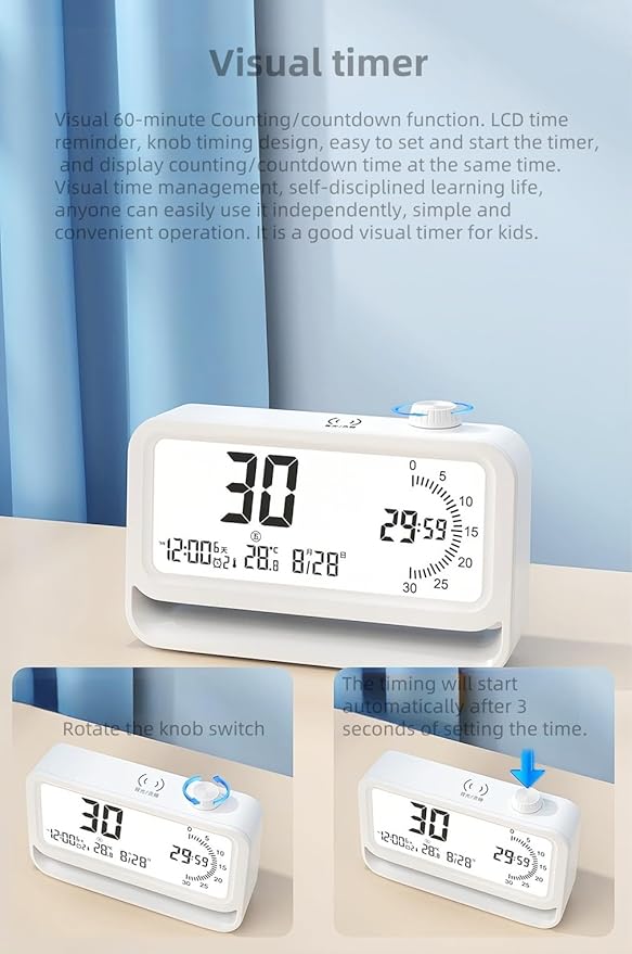 Digital Alarm Clock Night Light Visual Timer, LCD Time Reminder with 3 Alarms, Snooze,Temperature Display, Ideal for Family Education Teaching and Time Management Gifts for Kids (Pink)