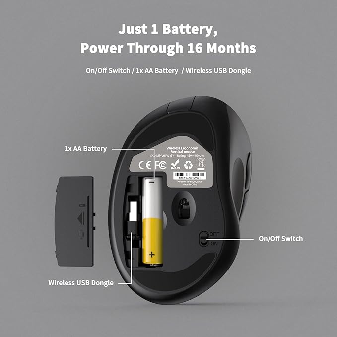 Ergonomic Wireless Mouse with USB Receiver for PC Computer, Laptop and Desktop, Ergo Vertical Mouse with Silent Clicks Long Battery Life, Up to 1600 DPI & 1 AA Battery Powered, Grey