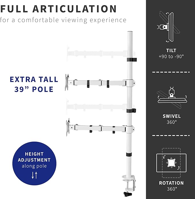 VIVO Extra Tall Vertically Stacked Dual Monitor Desk Mount Stand with 39 inch Stand-up Pole, Fully Adjustable Extended Arms, Fits 2 Screens up to 27 inches, White, STAND-V012TW
