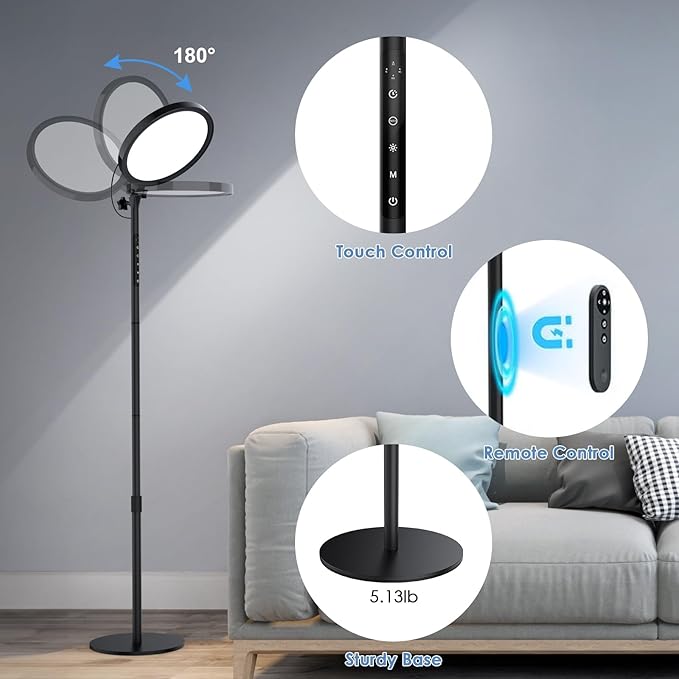 Light Therapy Lamp, 13,000 Lux Sunlight Lamp with Touch&Remote Control, Floor Lamp with 4 Color Temperatures &5 Brightness Levels,Full Spectrum Light with 4 Timers for Reading/Office/Home