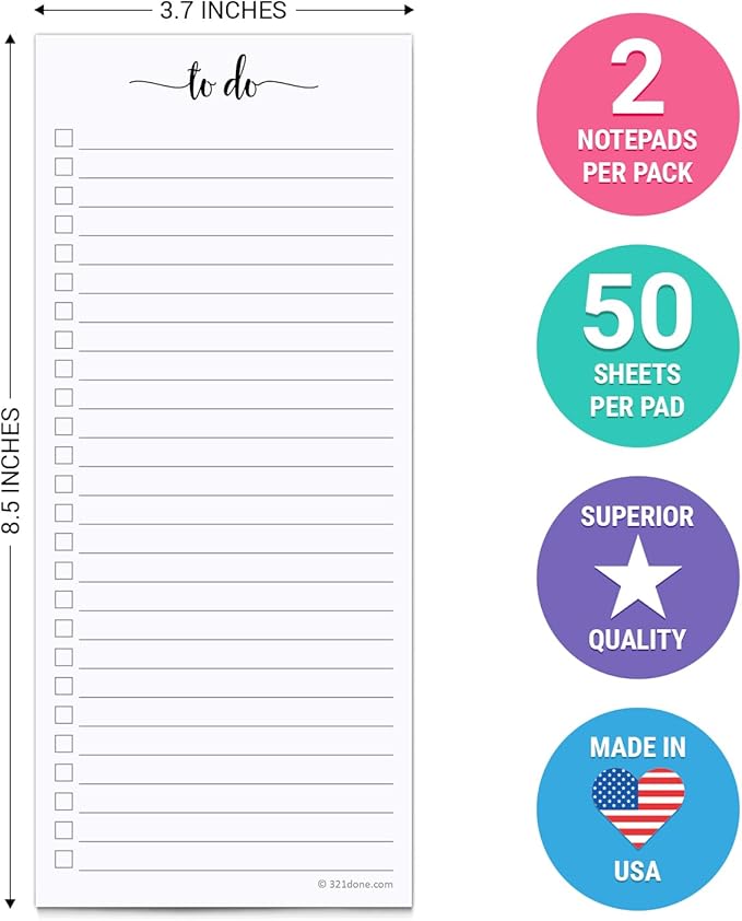 321Done 2-Pack Skinny To Do List Notepad, Made in USA - 3.7x8.5, College Ruled, Simple Stylish To-Dos Memo Pad for Planning, Tasks, Appointments, Reminders, Home, Office - 50 Sheets per Pad